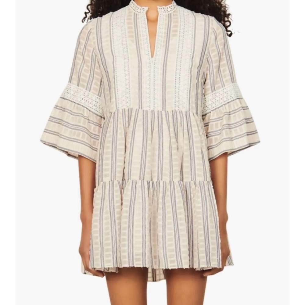 SANDRO • Ecru/White/Navy Stephanie Stripe Boho Lace-Trim Tiered Mini Dress, S - Picture 1 of 16